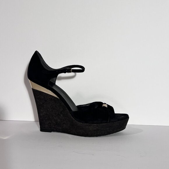 Gucci by Tom Ford Cork Wedge Black Suede Silver Logo Heels Sz 8 - Picture 5 of 16
